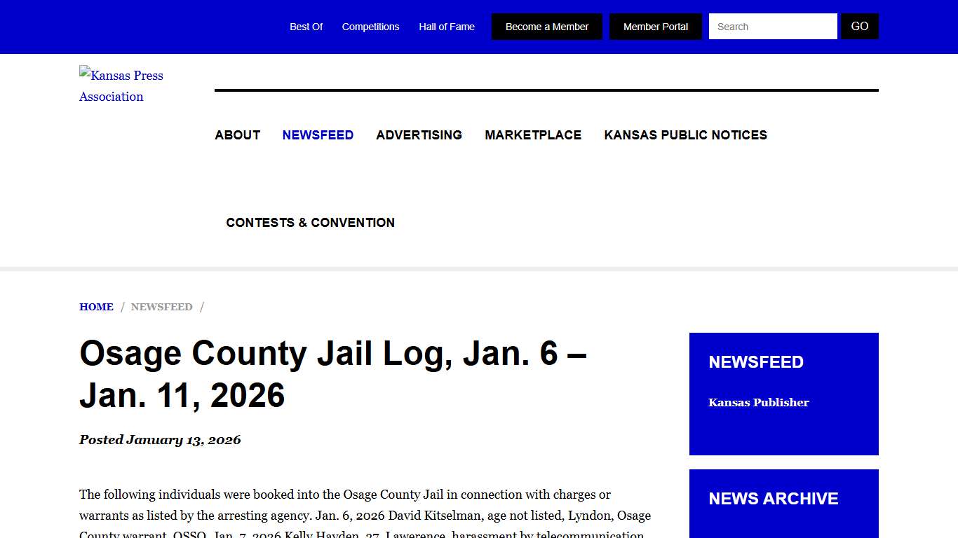 Osage County Jail Log, Jan. 6 – Jan. 11, 2026 | Kansas Press Association